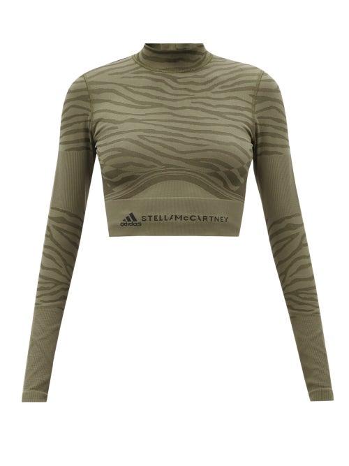 Adidas By Stella Mccartney - Zebra-stripe Cropped Top - Womens - Khaki Stripe