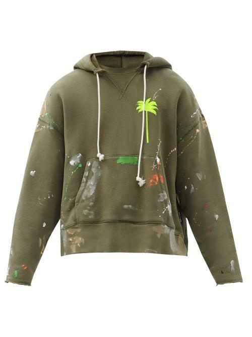 Matchesfashion.com Palm Angels - Paint Splatter Cotton-jersey Hooded Sweatshirt - Mens - Khaki Multi
