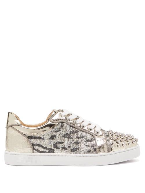 Matchesfashion.com Christian Louboutin - Vieira Spike Embellished Tweed Trainers - Womens - Silver