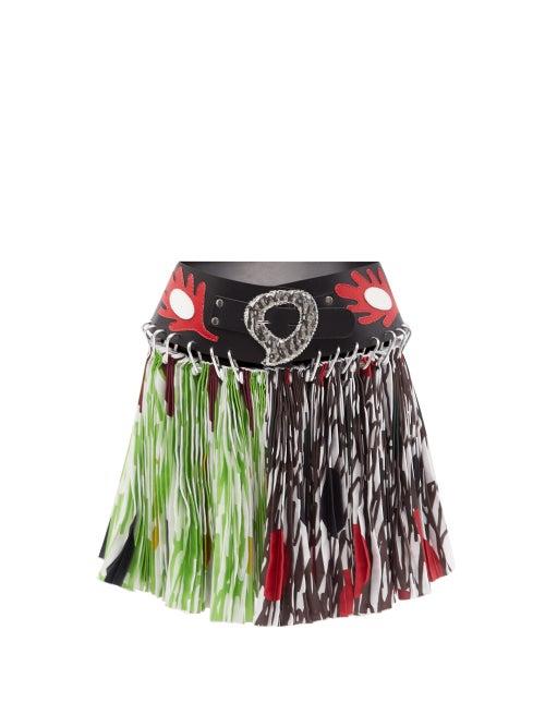Chopova Lowena - Belted Scribble-print Pleated-poplin Mini Skirt - Womens - Green Multi