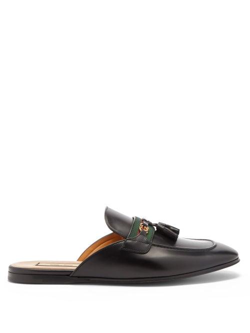 Gucci - Paride Web-striped Leather Backless Loafers - Mens - Black
