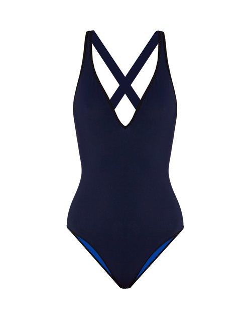 Matchesfashion.com Diane Von Furstenberg - V Neck Cross Back Reversible Swimsuit - Womens - Navy