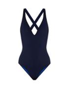 Matchesfashion.com Diane Von Furstenberg - V Neck Cross Back Reversible Swimsuit - Womens - Navy