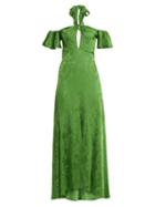 Matchesfashion.com Temperley London - Orbit Tie Neck Leaf Jacquard Satin Gown - Womens - Green