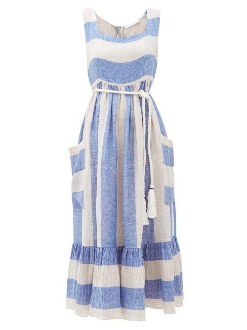 Matchesfashion.com Love Binetti - Sunny Striped Linen Midi Dress - Womens - Blue Stripe