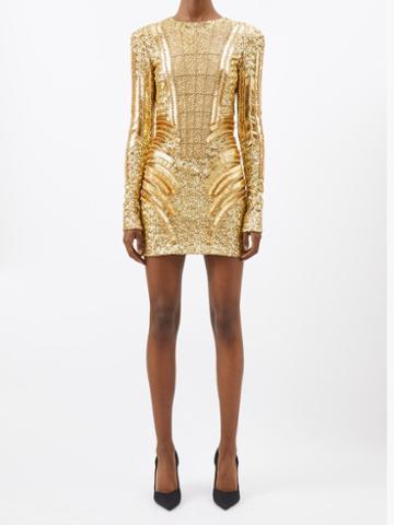 Balmain - Sequinned Long-sleeved Dress - Womens - Gold