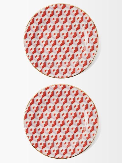 La Doublej - Set Of Two Cubi-print Porcelain Dessert Plates - Womens - Red Multi