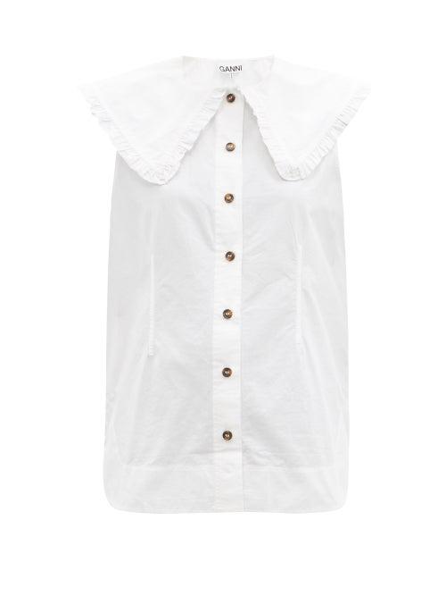 Matchesfashion.com Ganni - Ruffled-collar Sleeveless Poplin Shirt - Womens - White