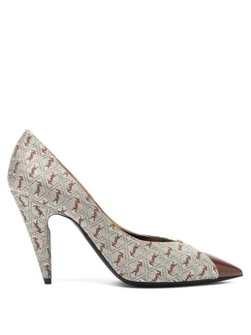 Matchesfashion.com Saint Laurent - Lola Point-toe Ysl-jacquard Pumps - Womens - Beige Multi