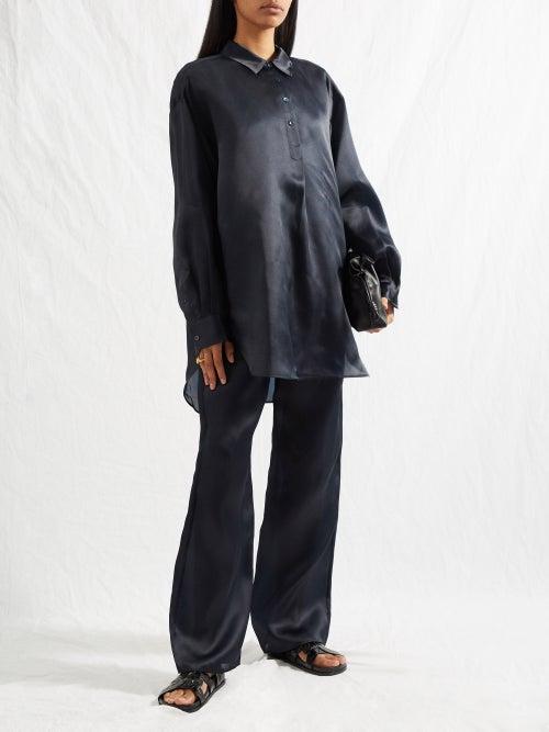 Toteme - Drawstring-waist Satin Trousers - Womens - Navy