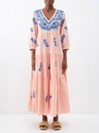 Muzungu Sisters - Frangipani Flower-embroidered Organic-cotton Dress - Womens - Pink Blue