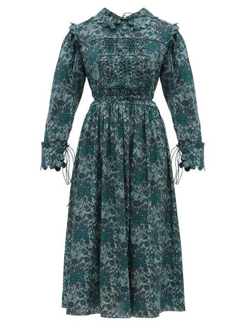 Matchesfashion.com Horror Vacui - Marie Louis Floral Print Smocked Cotton Dress - Womens - Green Multi