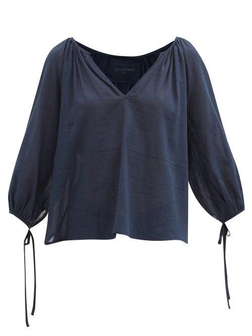 Matchesfashion.com Loup Charmant - Capucine V-neck Organic Cotton-voile Blouse - Womens - Navy