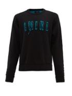 Amiri - Distressed Logo-jacquard Sweater - Mens - Black Blue