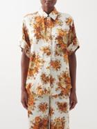 Ale Mais - Derby Floral-print Silk Oversized Shirt - Womens - Orange Print