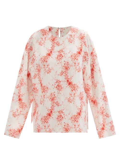 Ladies Rtw Valentino - Roseflow-print Silk Crepe De Chine Blouse - Womens - Red White
