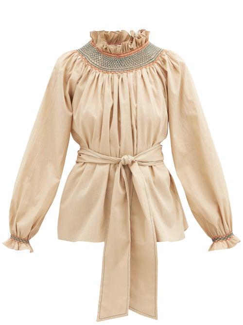 Matchesfashion.com Loretta Caponi - Maria Smocked Cotton-poplin Blouse - Womens - Camel