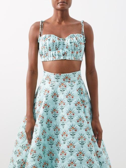 Agua By Agua Bendita - Moringa Floral Cotton-poplin Cropped Top - Womens - Blue Print