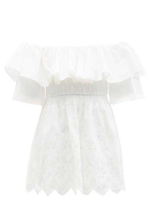 Matchesfashion.com Self-portrait - Off-the-shoulder Embroidered Cotton Mini Dress - Womens - White
