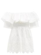 Matchesfashion.com Self-portrait - Off-the-shoulder Embroidered Cotton Mini Dress - Womens - White