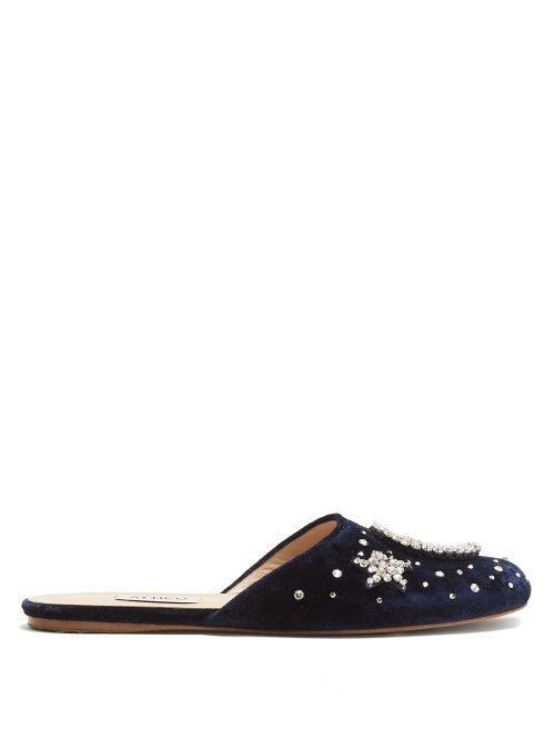 Matchesfashion.com Attico - Crystal Embellished Velvet Backless Loafers - Womens - Navy