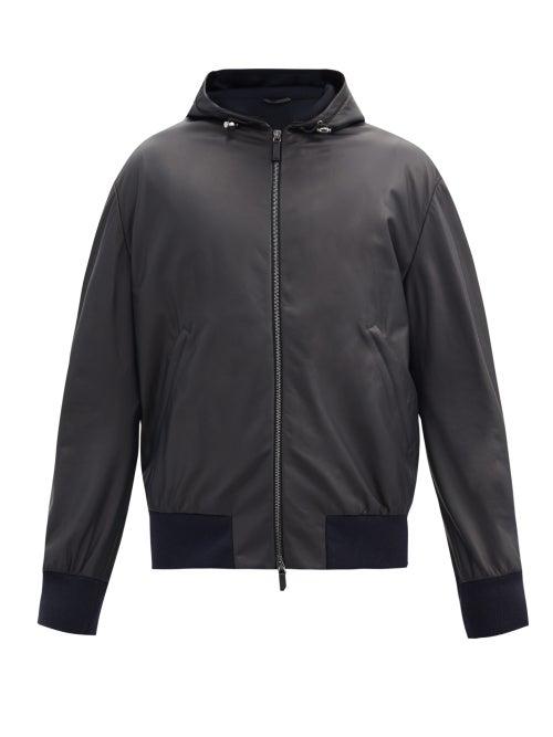 Matchesfashion.com Giorgio Armani - Hooded Leather Bomber Jacket - Mens - Navy