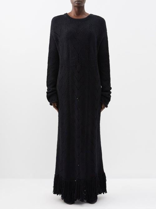 Fil De Vie - Petra Fringed Pointelle-wool Maxi Dress - Womens - Black