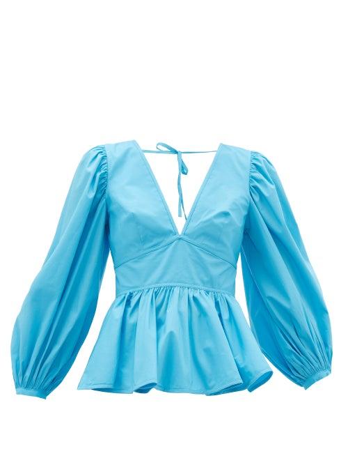 Matchesfashion.com Staud - Luna Peplum-hem Cotton-blend Top - Womens - Blue