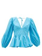 Matchesfashion.com Staud - Luna Peplum-hem Cotton-blend Top - Womens - Blue