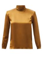 Matchesfashion.com Saint Laurent - Padded-shoulder Silk Blouse - Womens - Gold
