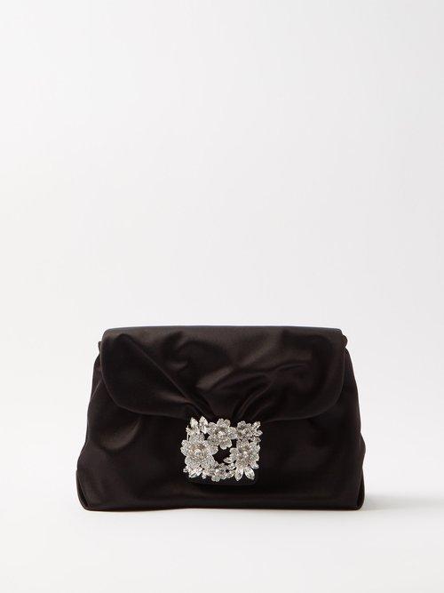 Roger Vivier - Bouquet Strass Crystal-buckle Satin Clutch Bag - Womens - Black