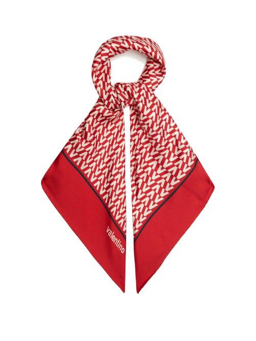 Ladies Accessories Valentino Garavani - V-logo Print Silk-faille Scarf - Womens - Red Multi