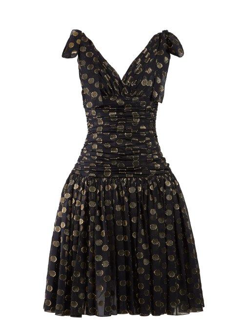 Matchesfashion.com Dolce & Gabbana - Ruched Polka Dot Fil Coup Dress - Womens - Black Gold