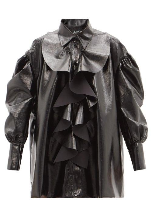 Matchesfashion.com Elzinga - Ruffled Pvc Mini Shirt Dress - Womens - Black