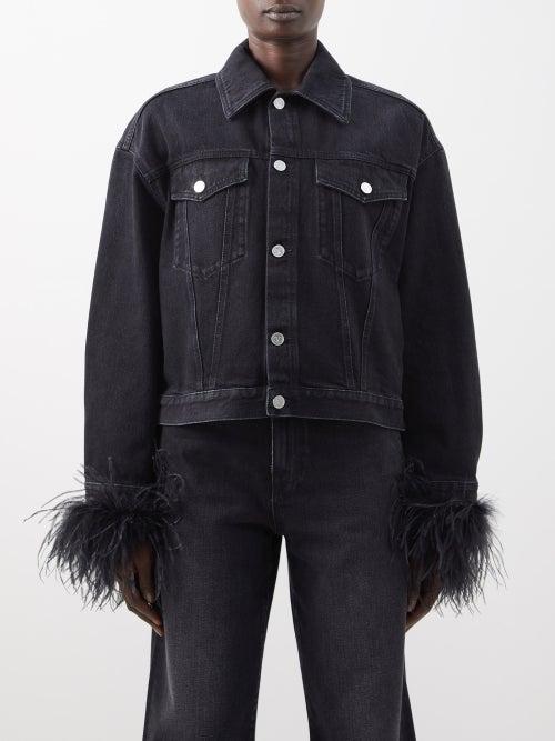 Valentino - Ostrich-feather Cuff Denim Jacket - Womens - Black