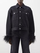 Valentino - Ostrich-feather Cuff Denim Jacket - Womens - Black