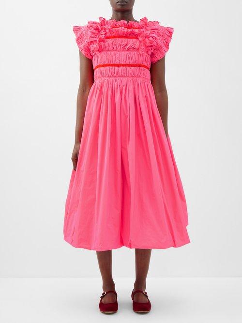 Molly Goddard - Auvray Shirred Taffeta Midi Dress - Womens - Pink
