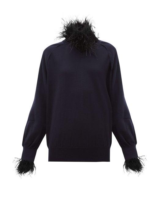 Matchesfashion.com Toga - Feather Trim Wool Blend Sweater - Womens - Navy
