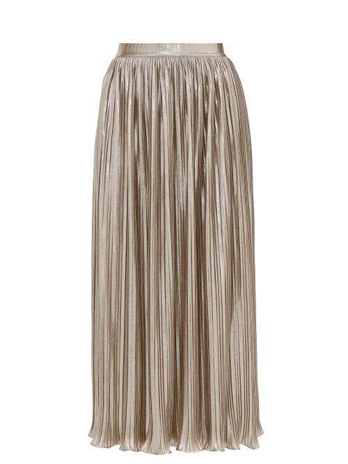 Matchesfashion.com Saloni - Camille Metallic Poplin Midi Skirt - Womens - Silver