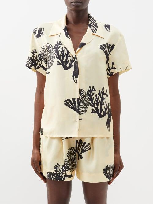 Asceno - Prague Seashell-print Silk-twill Shirt - Womens - Cream Black