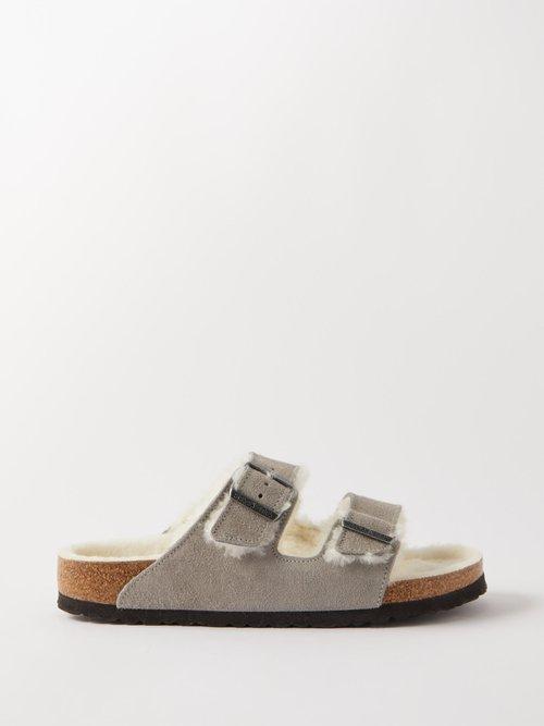 Birkenstock - Arizona Shearling Suede Sandals - Womens - Light Grey