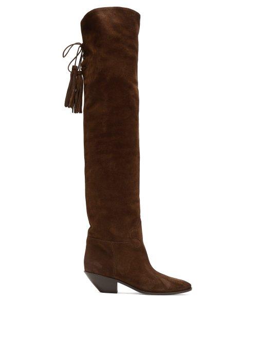 Matchesfashion.com Saint Laurent - West Over The Knee Suede Boots - Womens - Tan