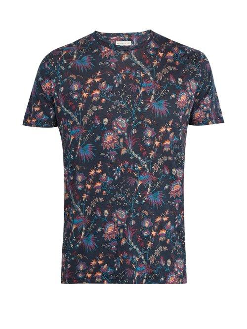 Matchesfashion.com Etro - Floral Print Linen Jersey T Shirt - Mens - Blue