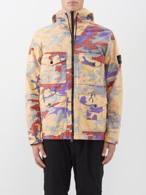 Stone Island - Camouflage-print Hooded Coated-ripstop Jacket - Mens - Orange
