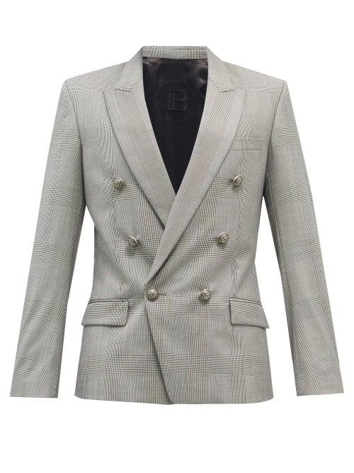 Mens Rtw Balmain - Double-breasted Prince Of Wales-check Wool Blazer - Mens - Grey