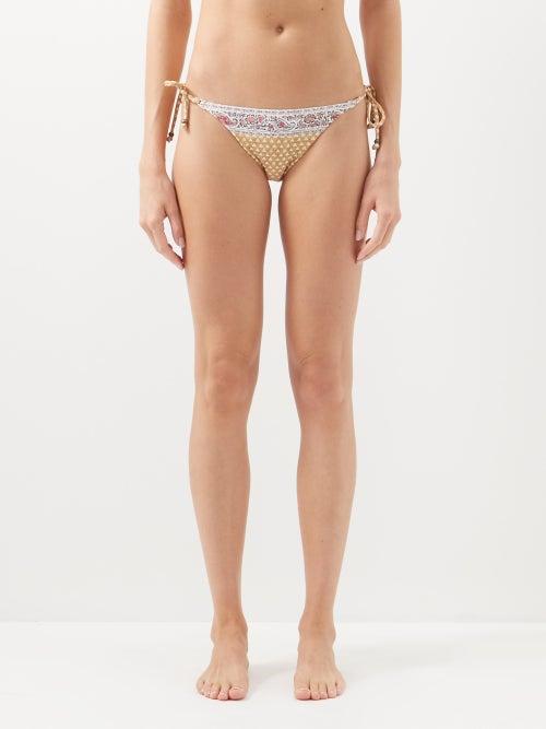 Boteh - Calico Tie-side Bikini Briefs - Womens - Light Brown Multi