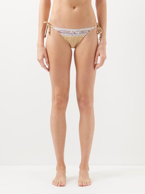 Boteh - Calico Tie-side Bikini Briefs - Womens - Light Brown Multi