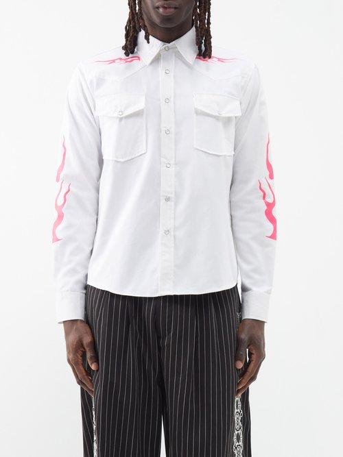 Youths In Balaclava - Kaido Flap-pocket Flame-print Cotton Shirt - Mens - White