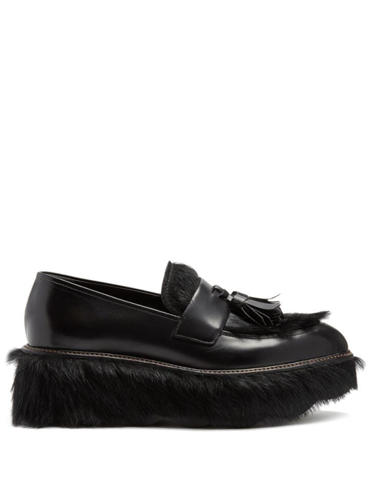 Prada Fur And Leather Flatform Loafers