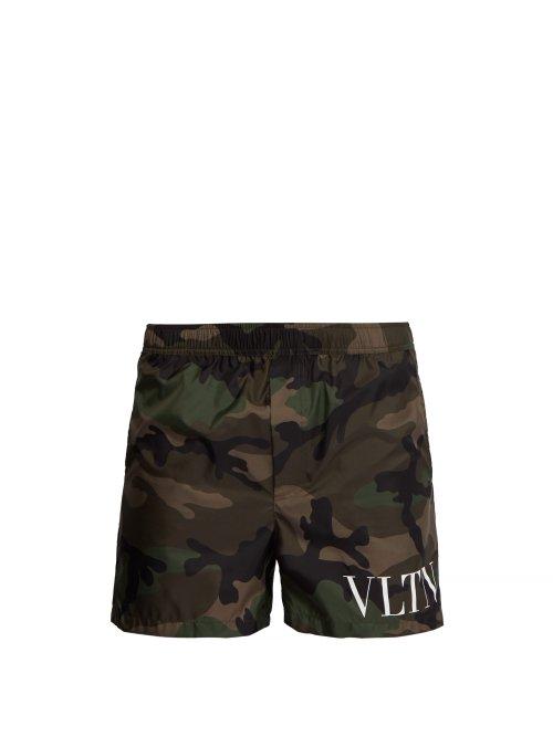 Matchesfashion.com Valentino - Logo Camo Print Swim Shorts - Mens - Green Multi